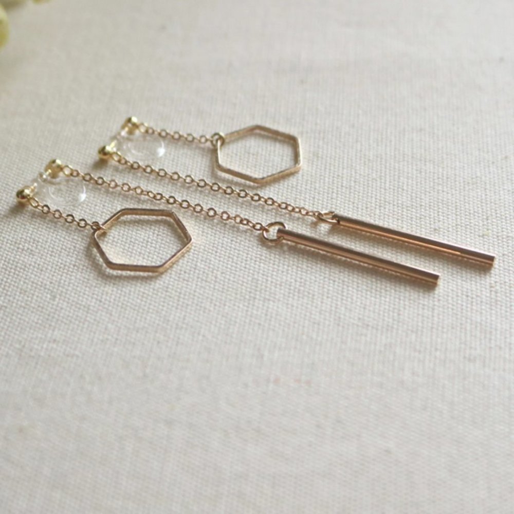 Andy Bats Hand Made Double Sided Invisible Clip Hexagon & Bar Dangle Earring